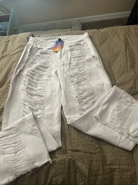 SHEIN White Distressed Ripped High-Waist Denim Jeans